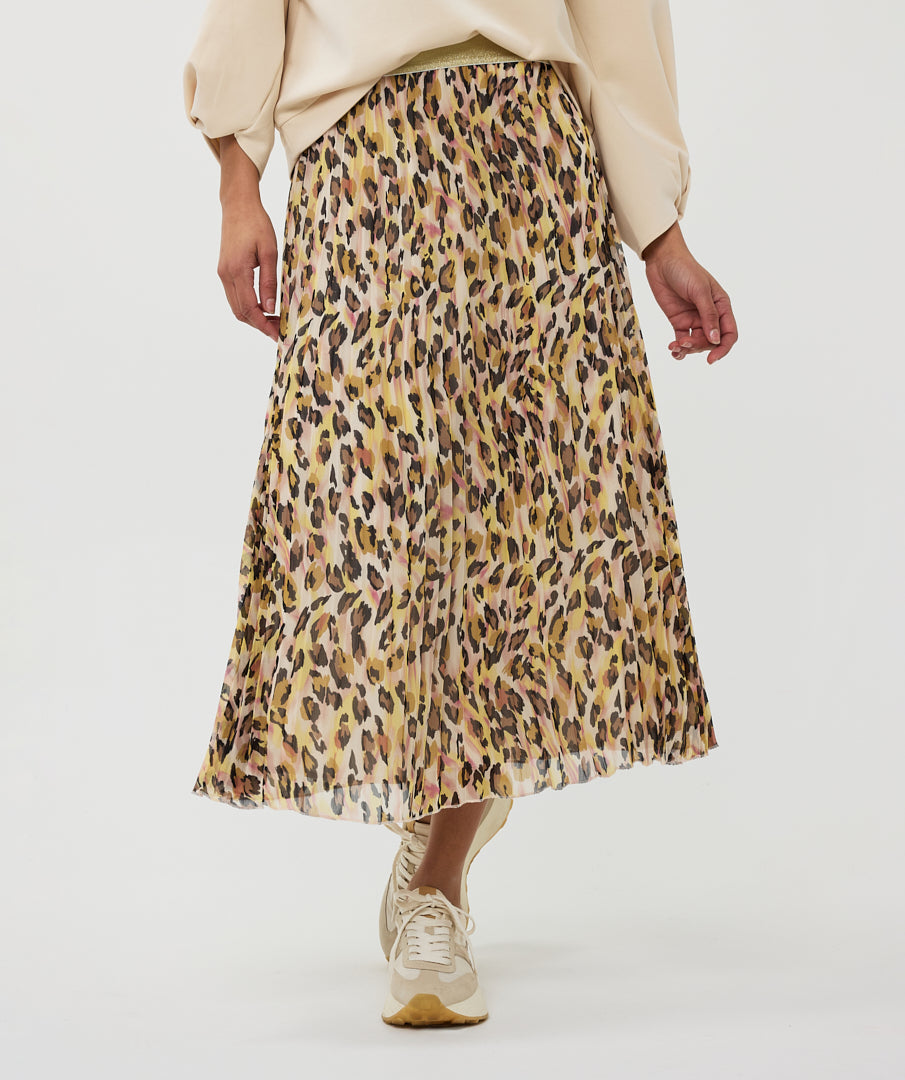 Pleated Leopard Midi Skirt