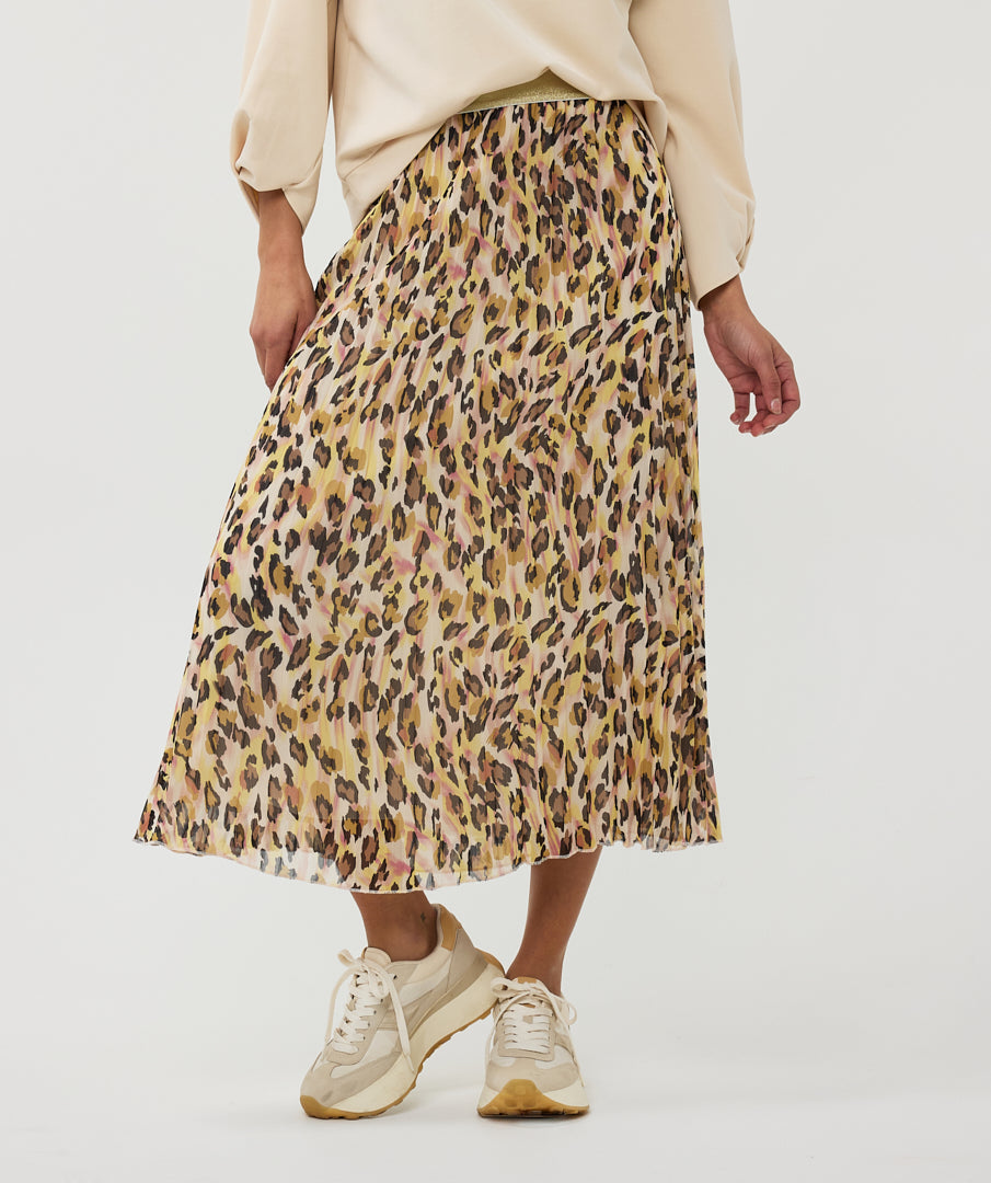Pleated Leopard Midi Skirt