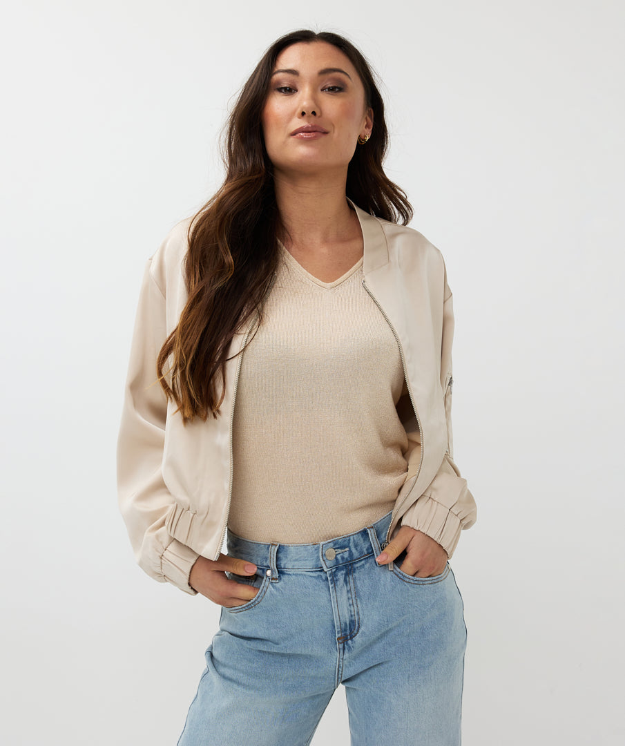 Cropped Satin Bomber Jacket