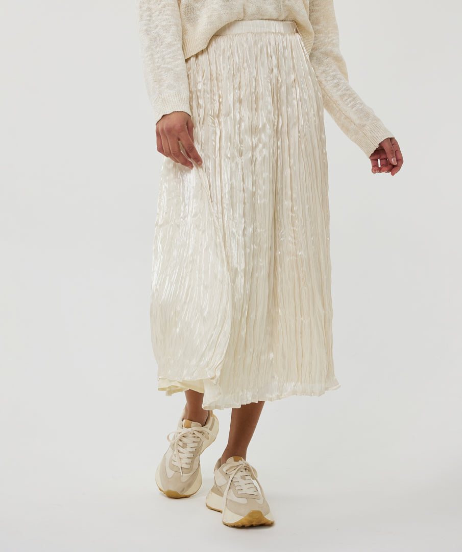 Pleated Flowy Satin Midi Skirt
