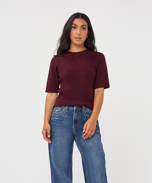 Ribbed Rhinestone Detail Short Sleeve Top