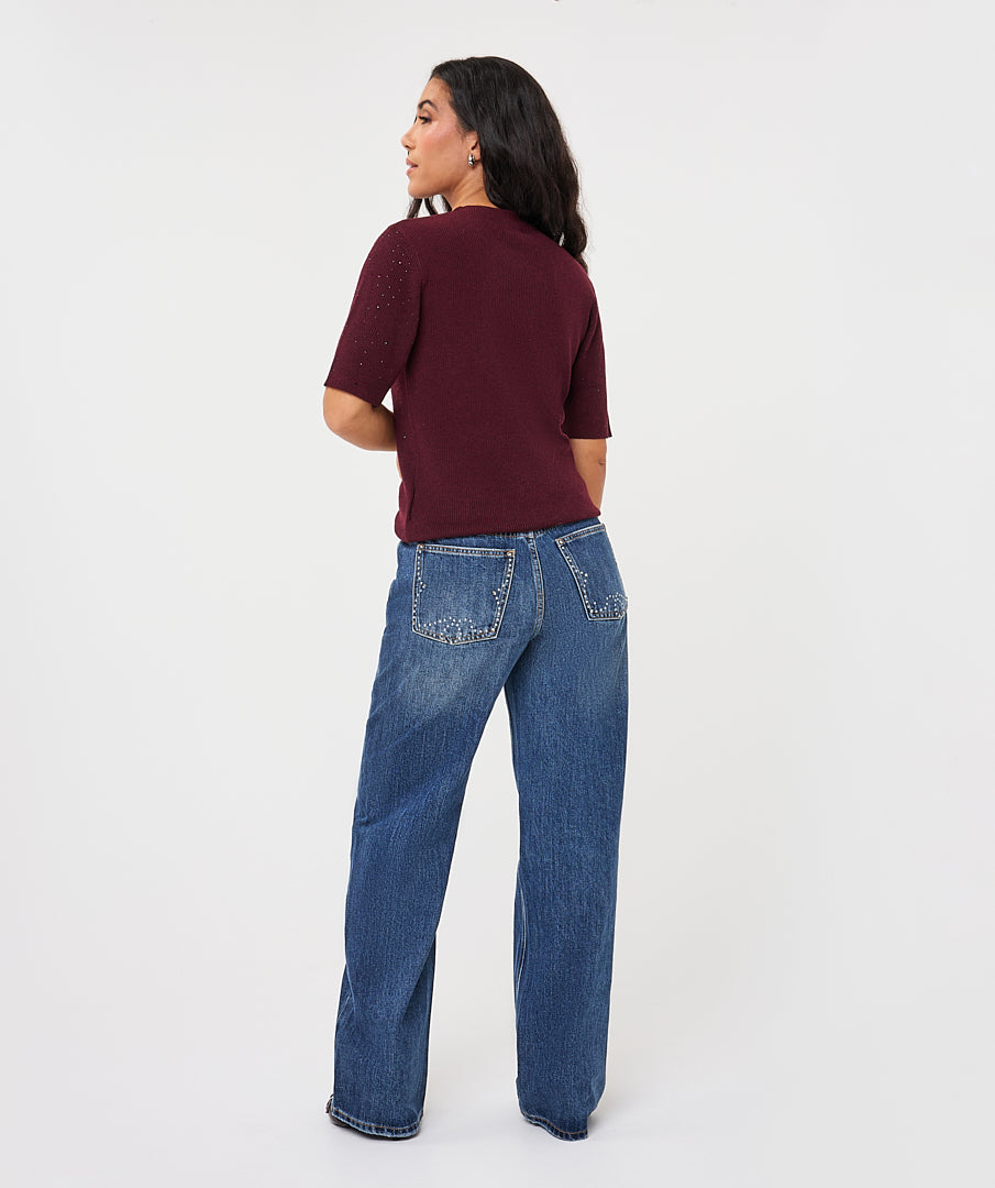 Ribbed Rhinestone Detail Short Sleeve Top