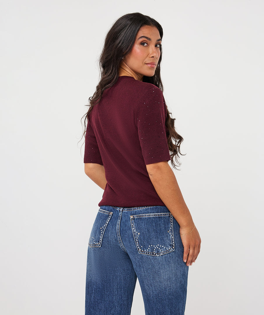 Ribbed Rhinestone Detail Short Sleeve Top