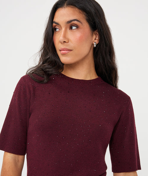 Ribbed Rhinestone Detail Short Sleeve Top