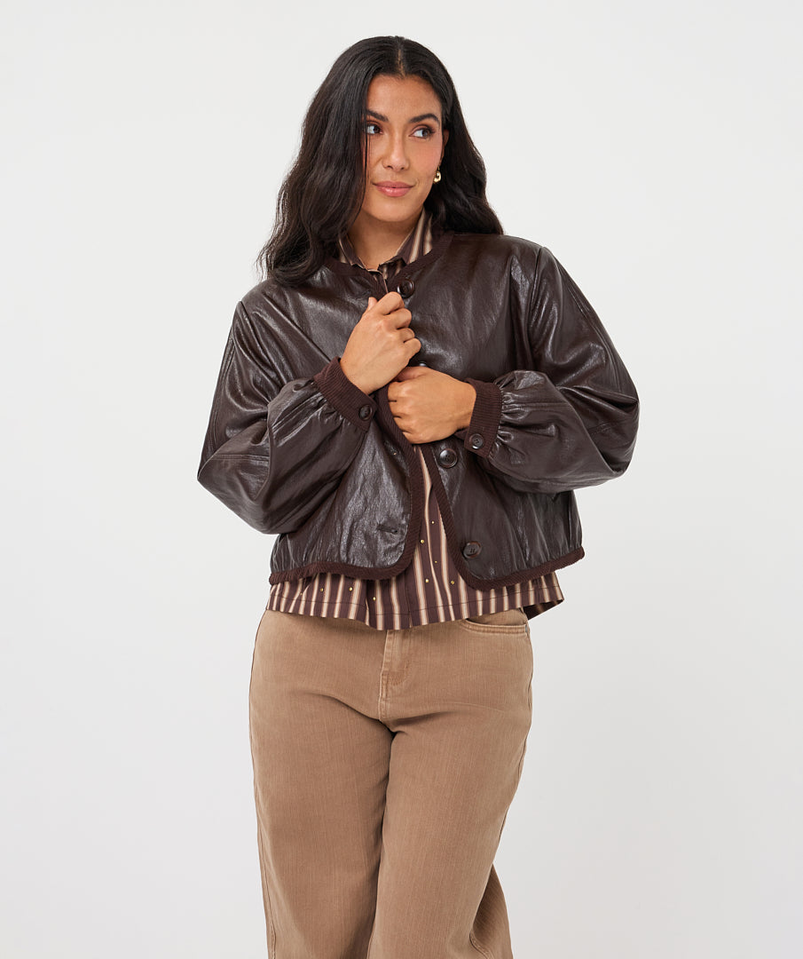 Faux Leather Button Up Cropped Jacket