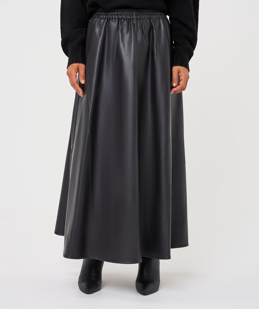 Faux Leather Elastic Waist A-Line Midi Skirt