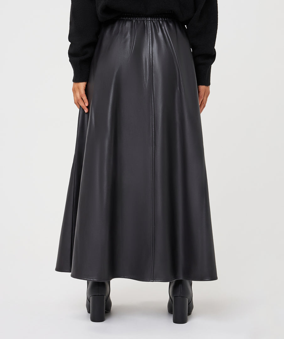 Faux Leather Elastic Waist A-Line Midi Skirt