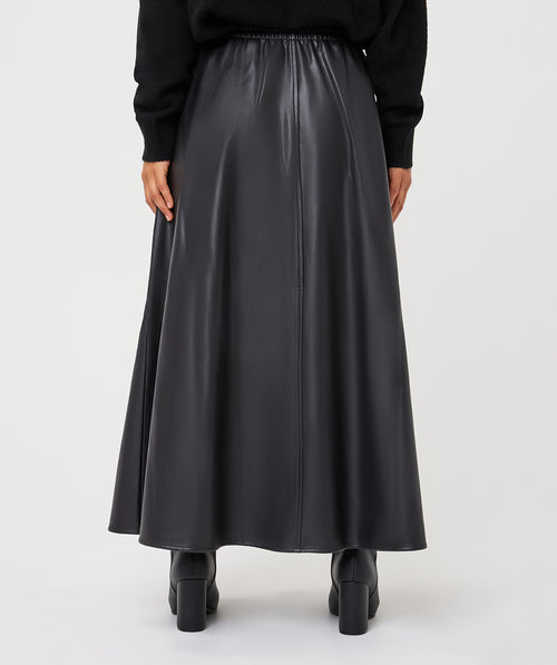Faux Leather Elastic Waist A-Line Midi Skirt