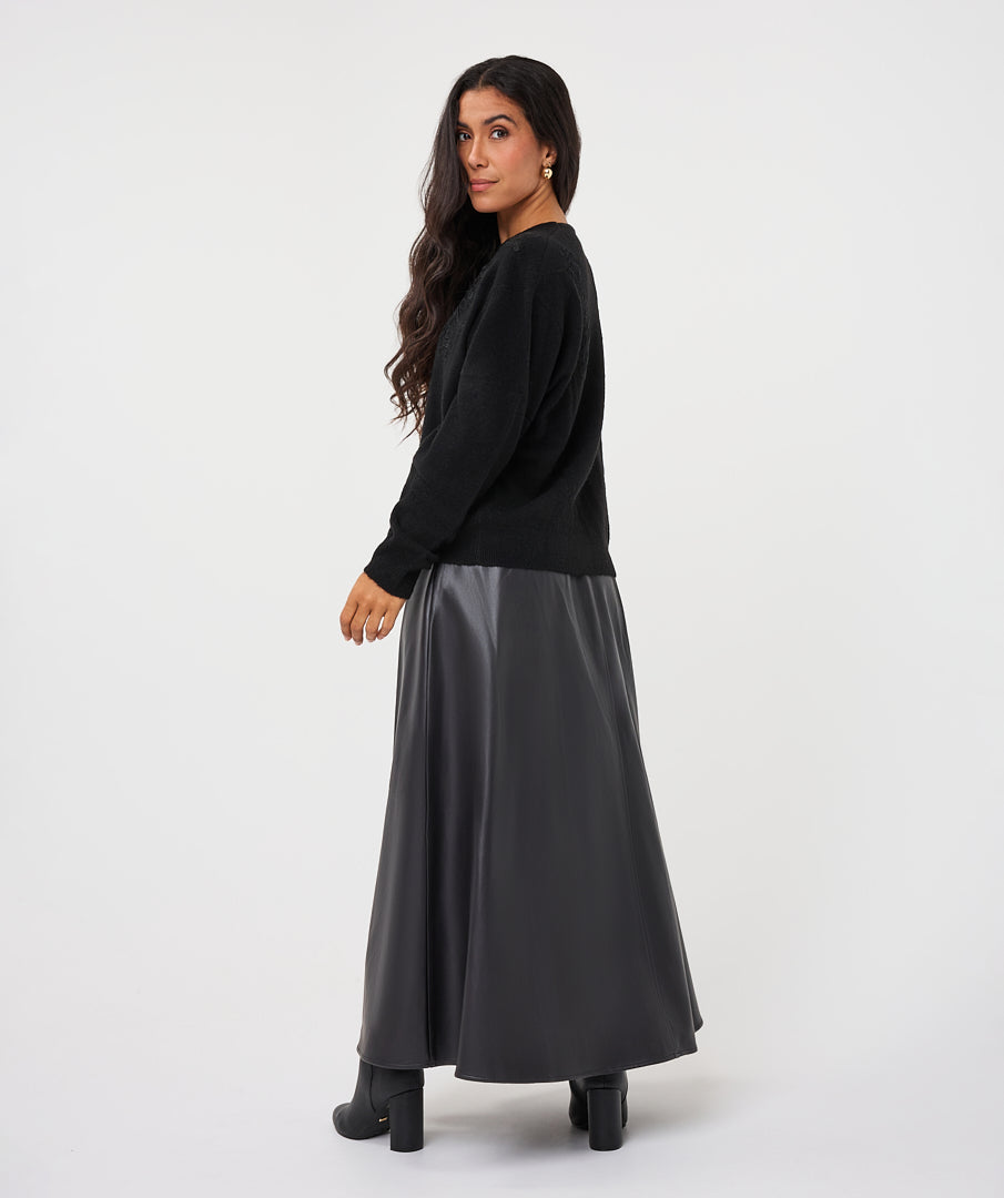 Faux Leather Elastic Waist A-Line Midi Skirt
