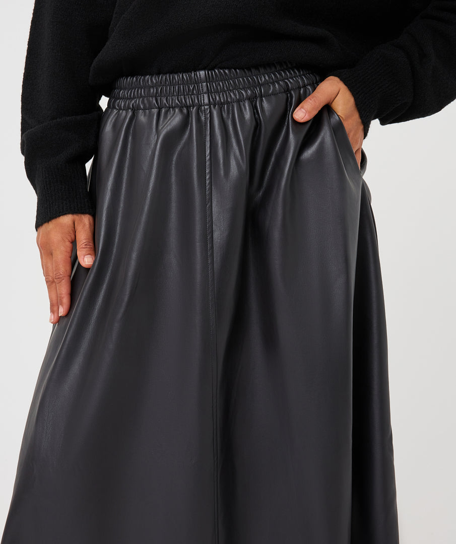 Faux Leather Elastic Waist A-Line Midi Skirt