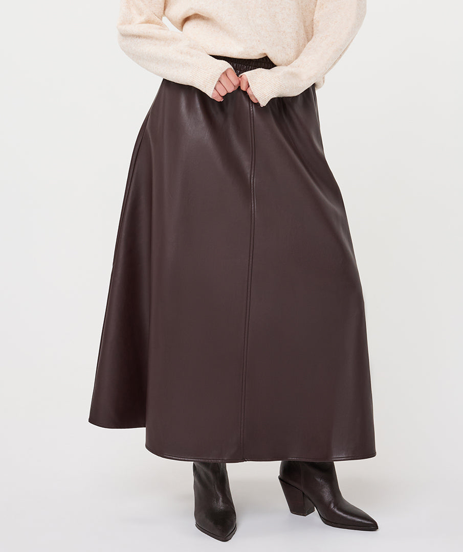 Faux Leather Elastic Waist A-Line Midi Skirt