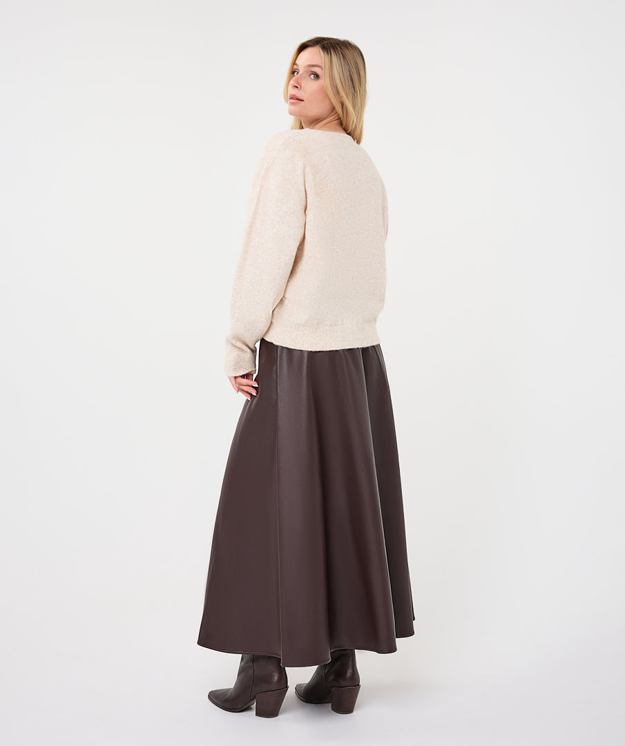 Faux Leather Elastic Waist A-Line Midi Skirt