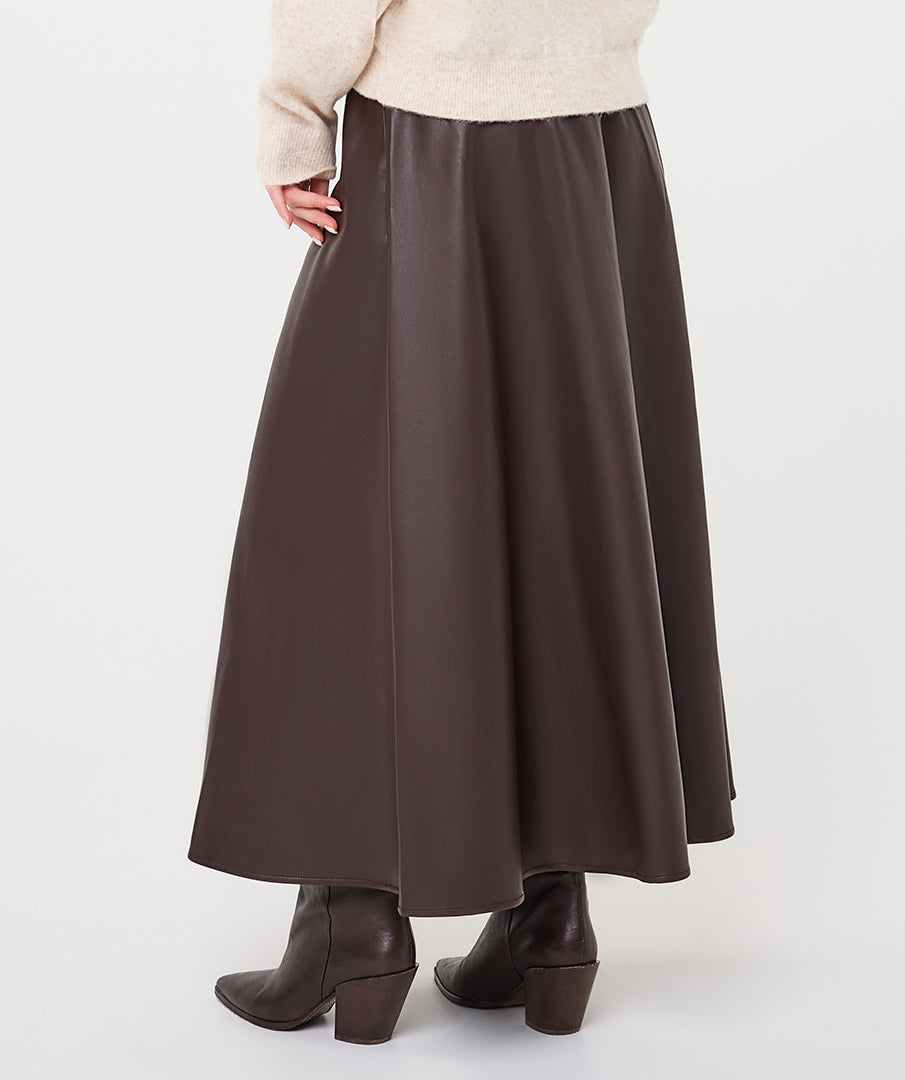 Faux Leather Elastic Waist A-Line Midi Skirt