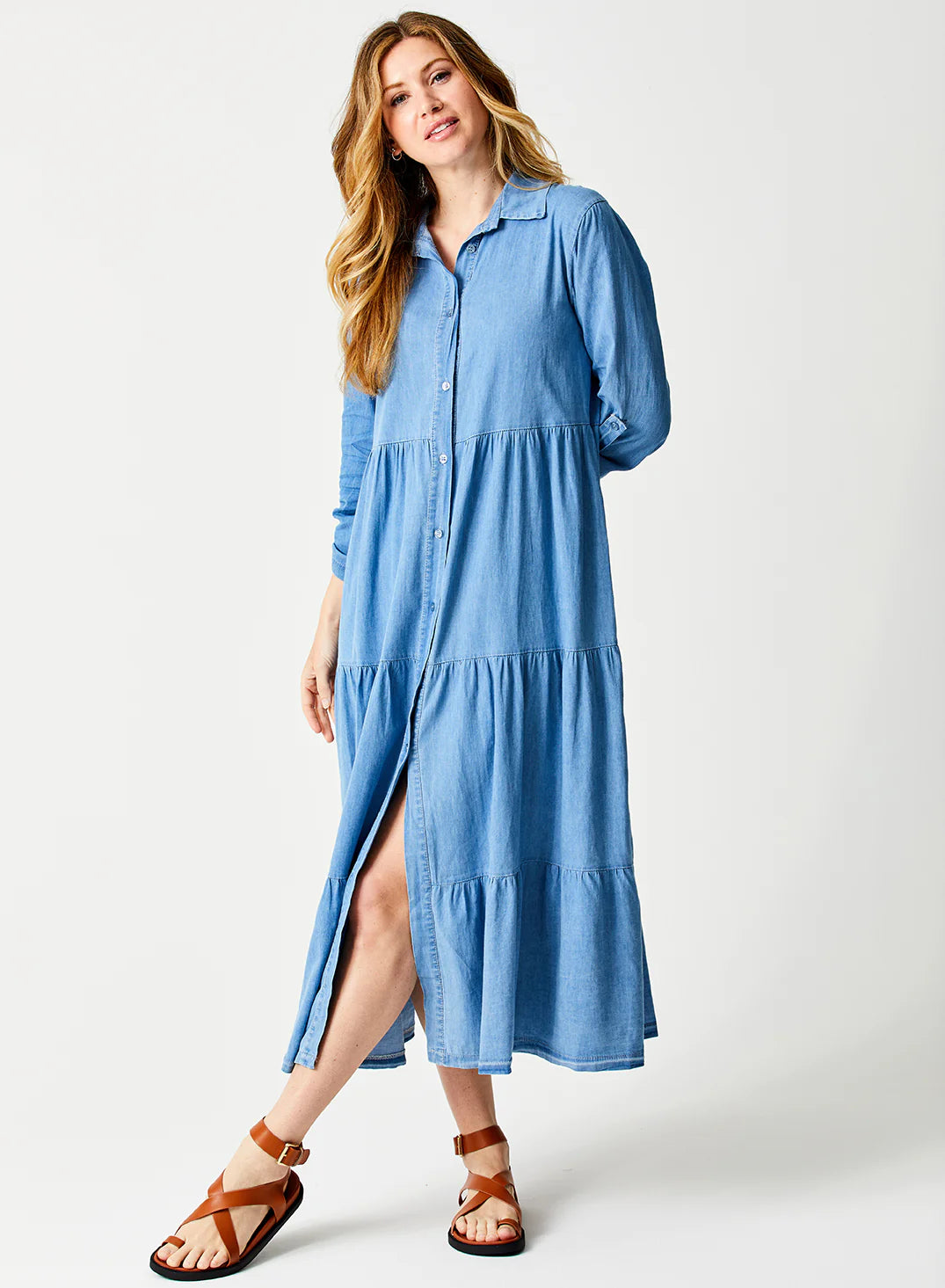 Garnet Denim Tiered Maxi Dress