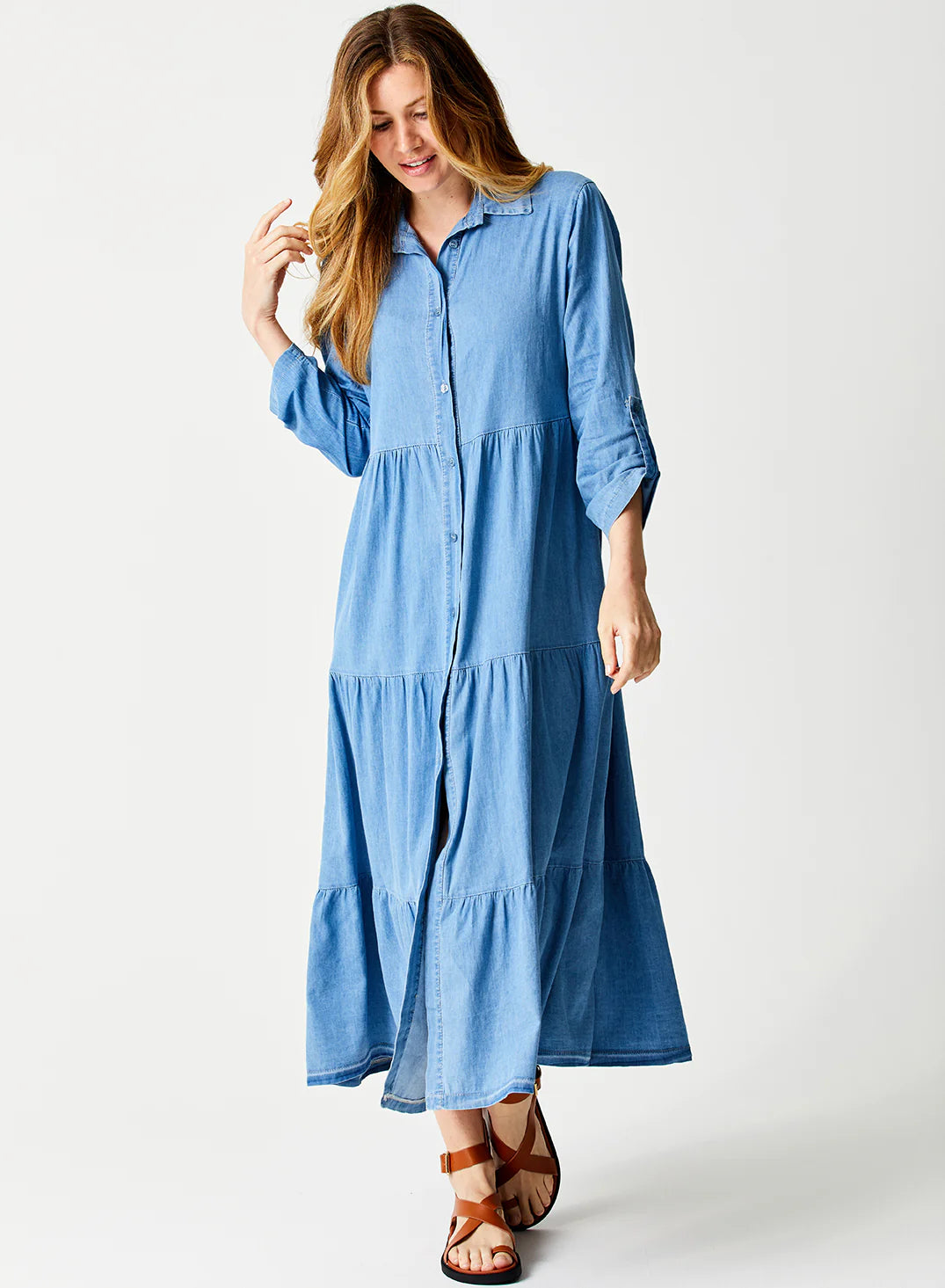 Garnet Denim Tiered Maxi Dress
