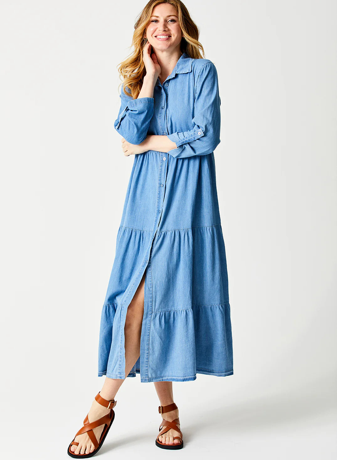 Garnet Denim Tiered Maxi Dress
