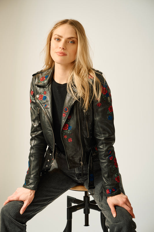 Isabella Floral Embroidered Leather Jacket