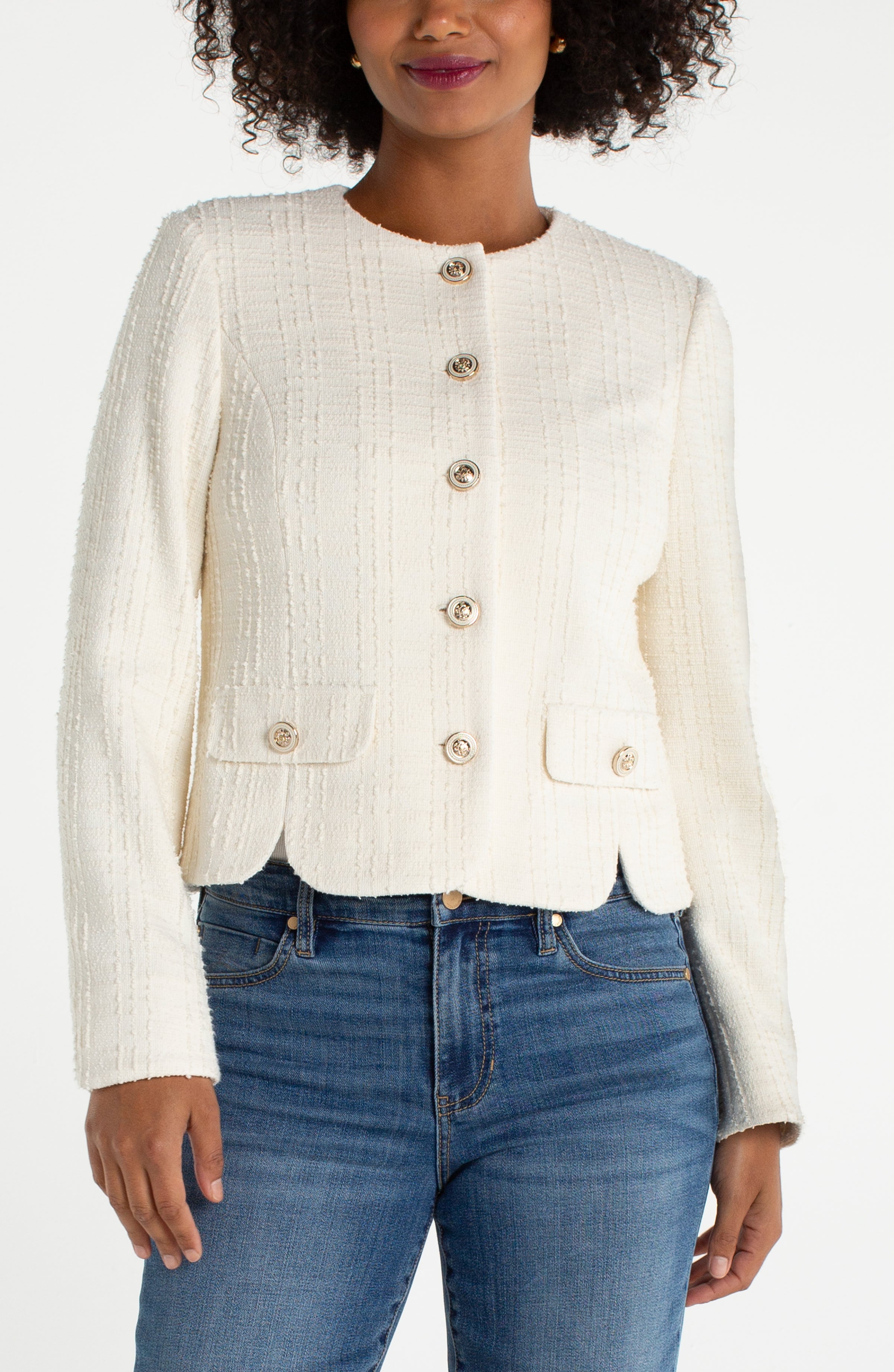 Collarless Jacket with Scallop Detail