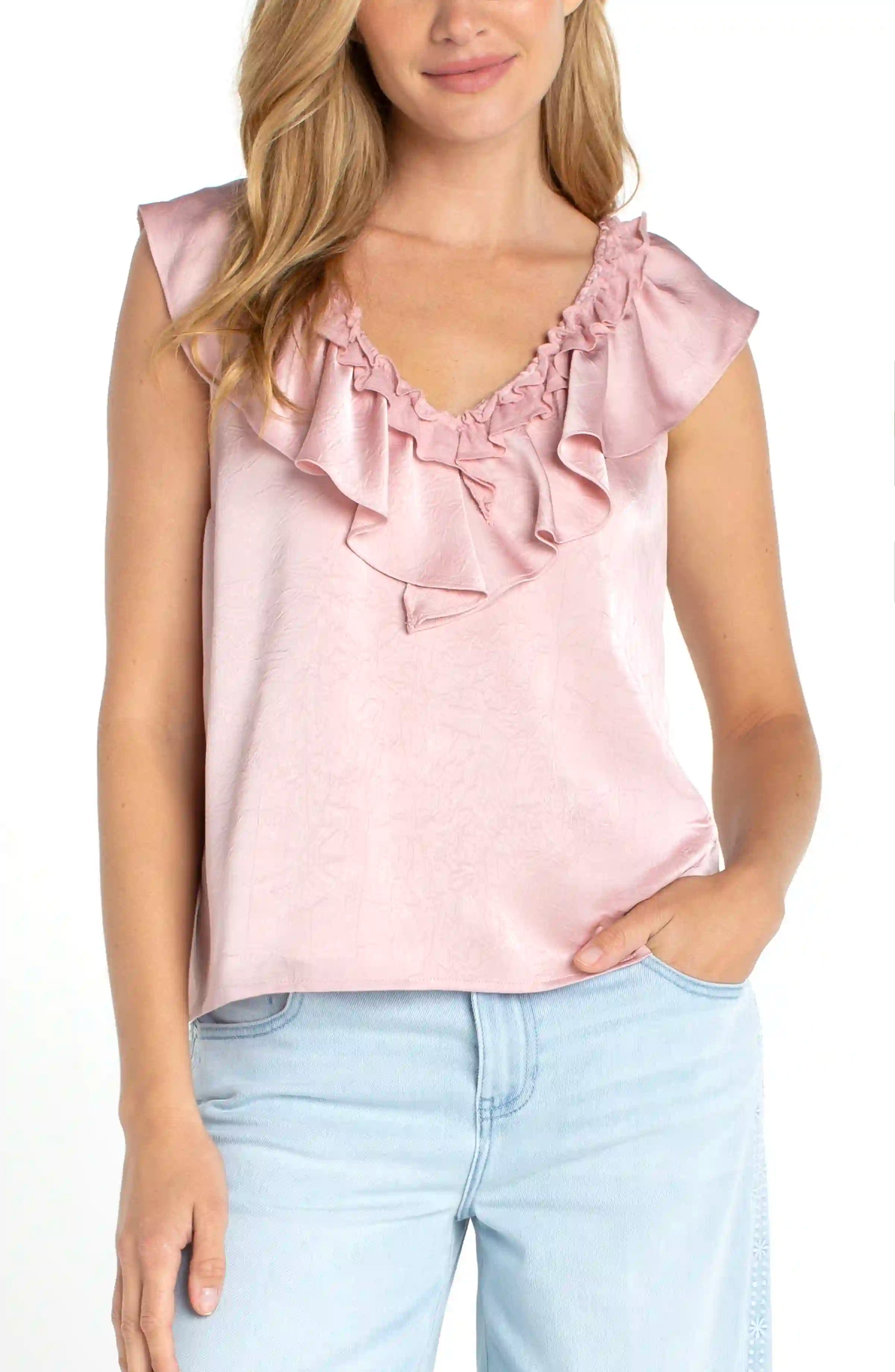 Ruffle Front Sleeveless Woven-to-Knit Top