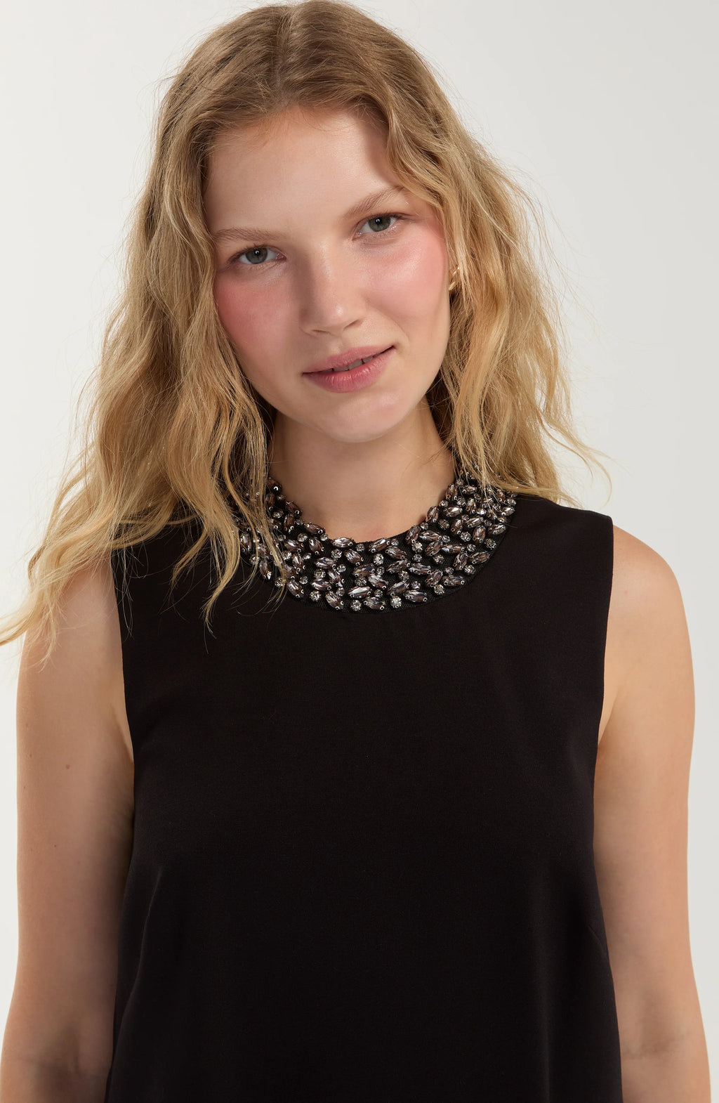 Sleeveless Mini Dress With Embellished Collar