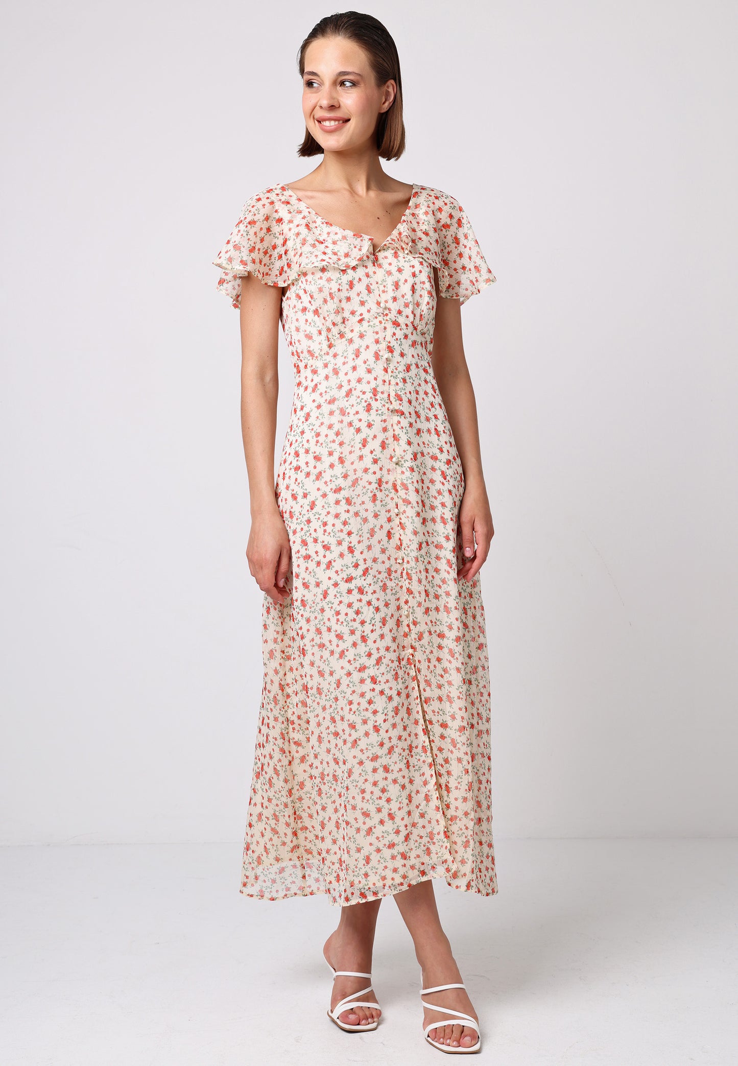 Flutter Sleeve Button Midi Dress