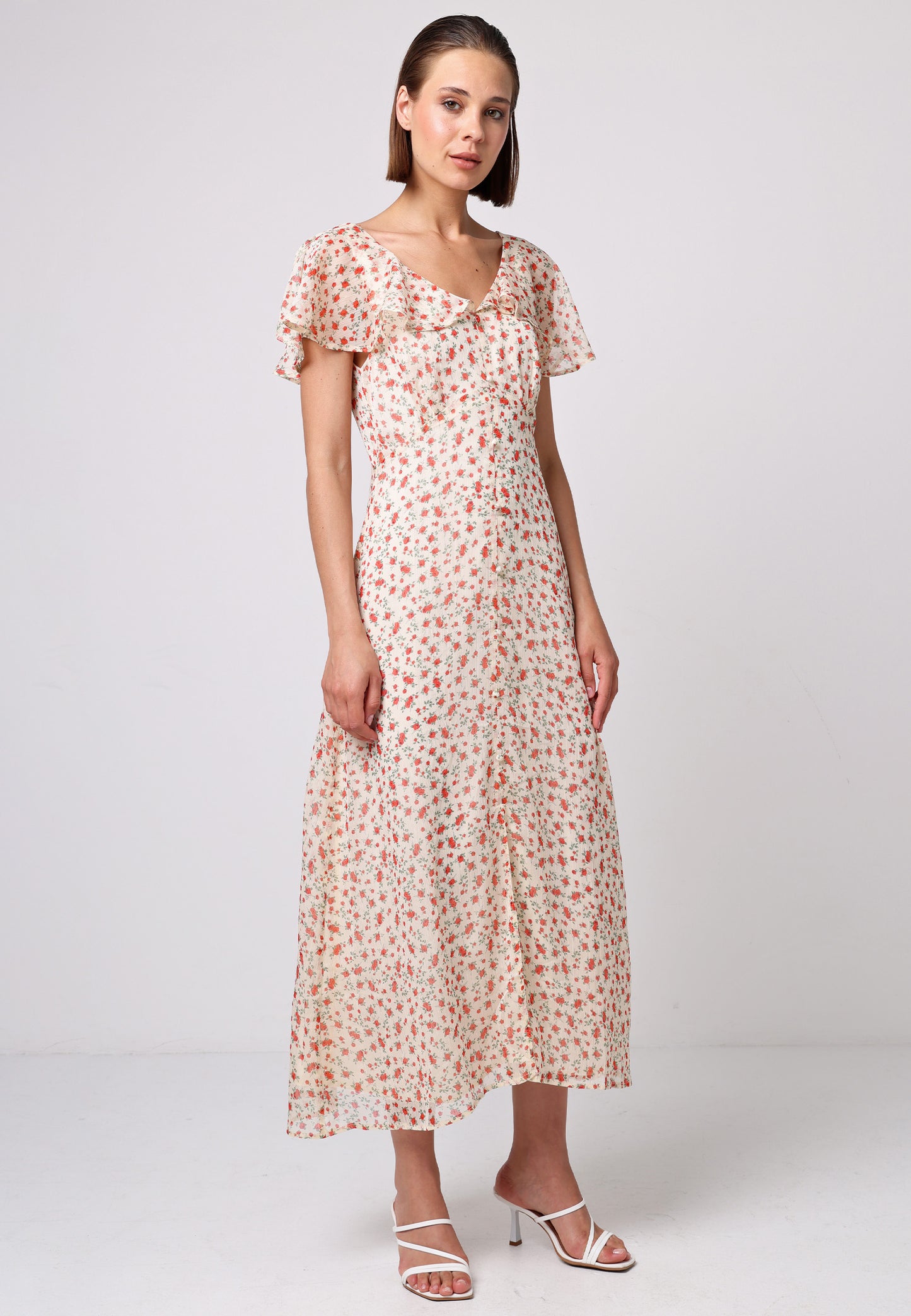 Flutter Sleeve Button Midi Dress