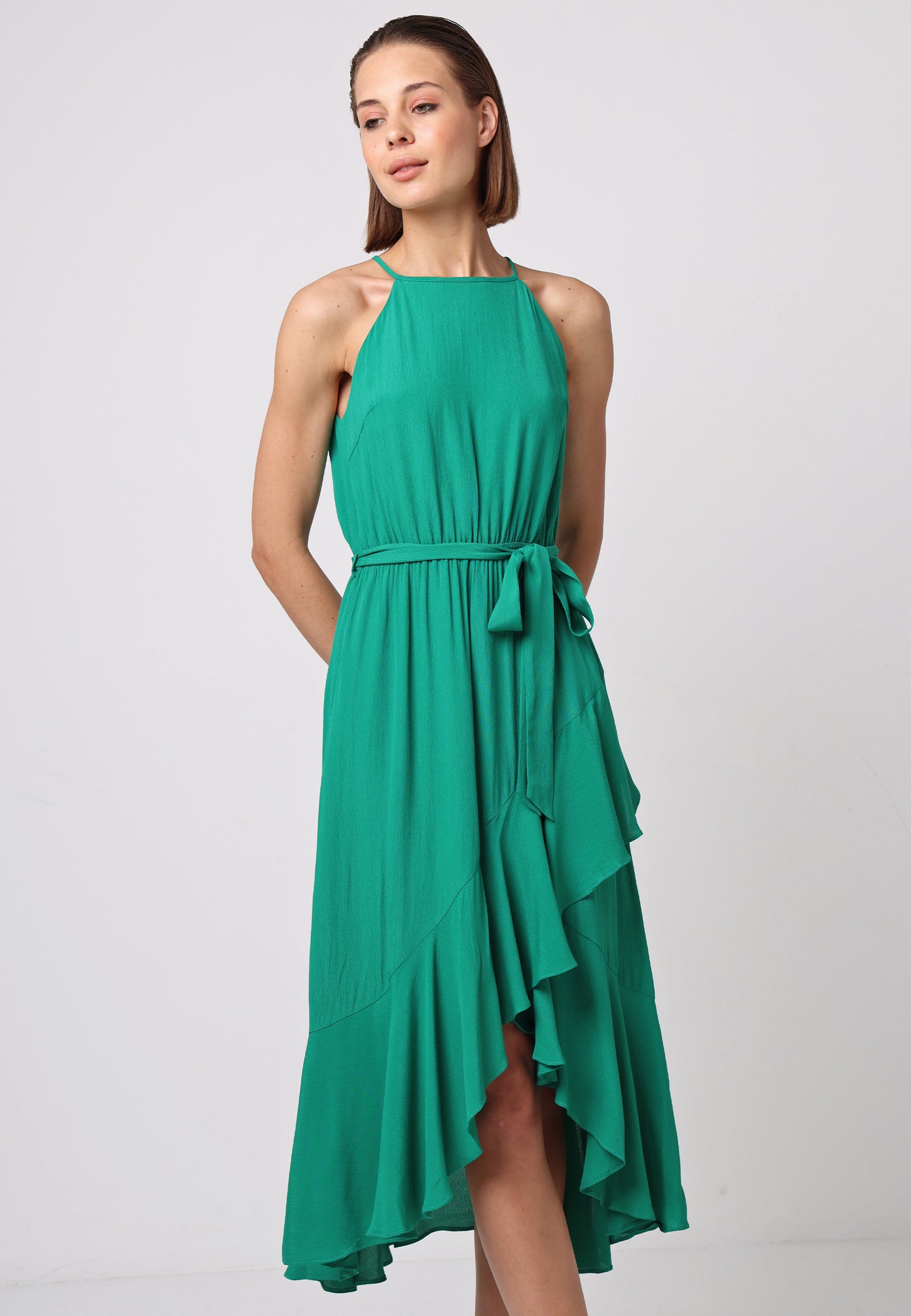 Ruffle Hem Halter Midi Dress