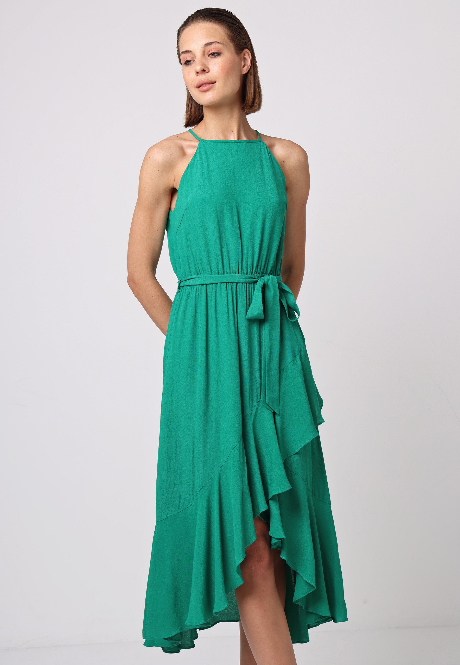 Ruffle Hem Halter Midi Dress