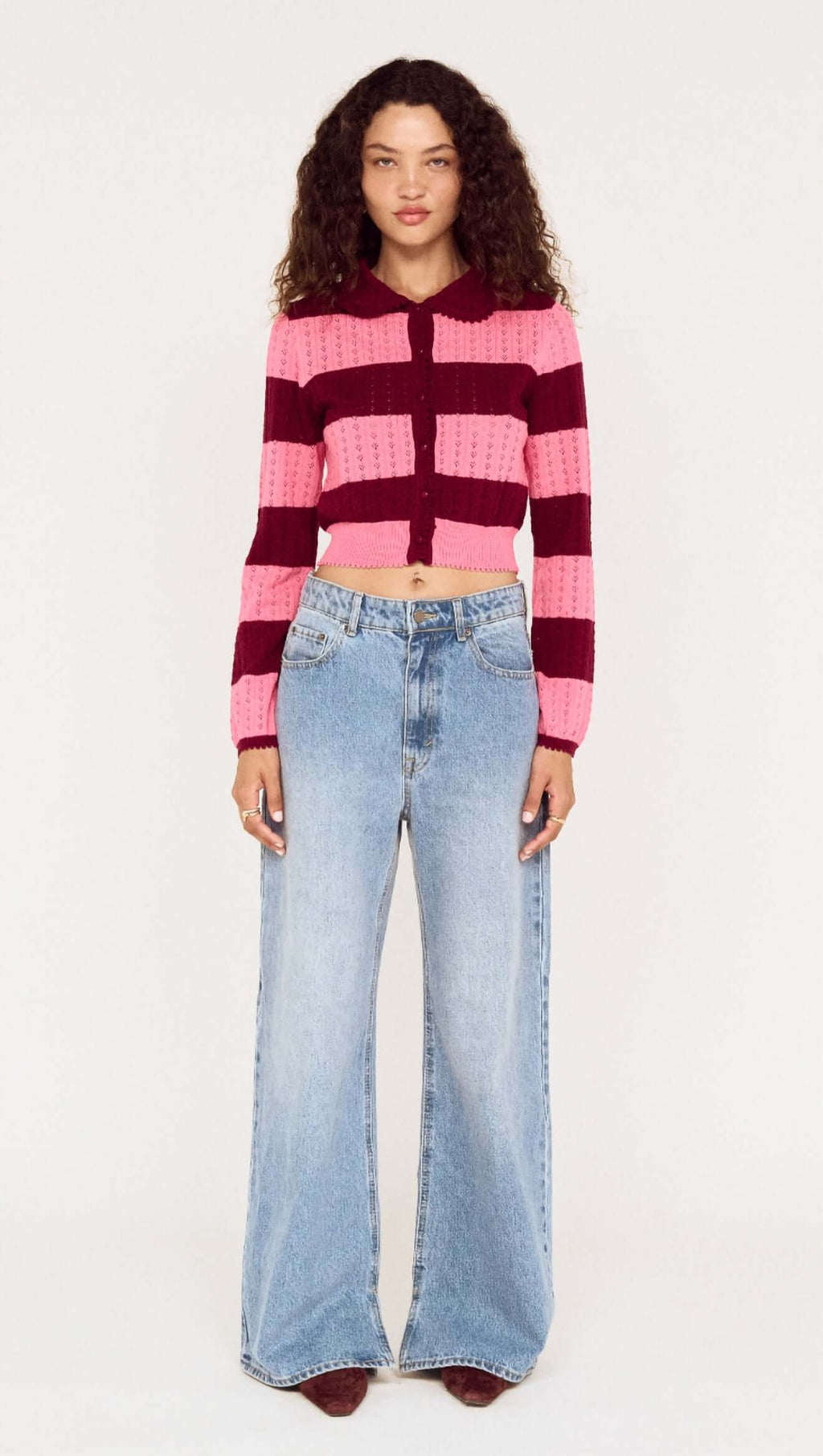 Selena Pink Stripe Pointelle Knit Cardi