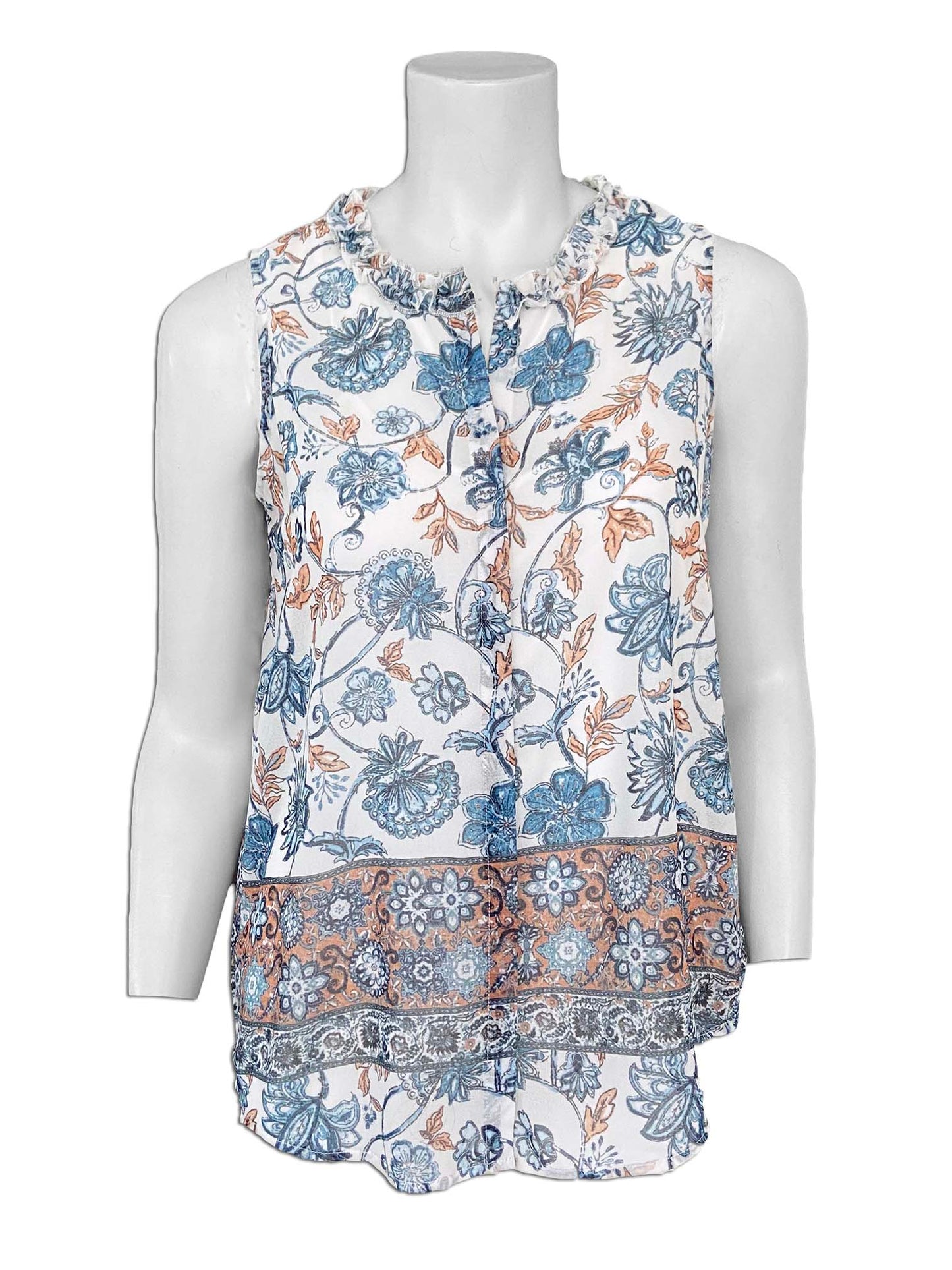 Sleeveless Floral Print Ruffle Blouse