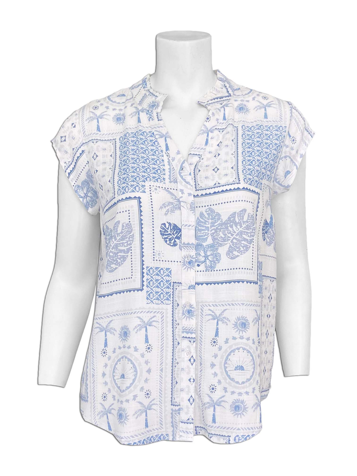 Cap Sleeve Tropical Print Blouse