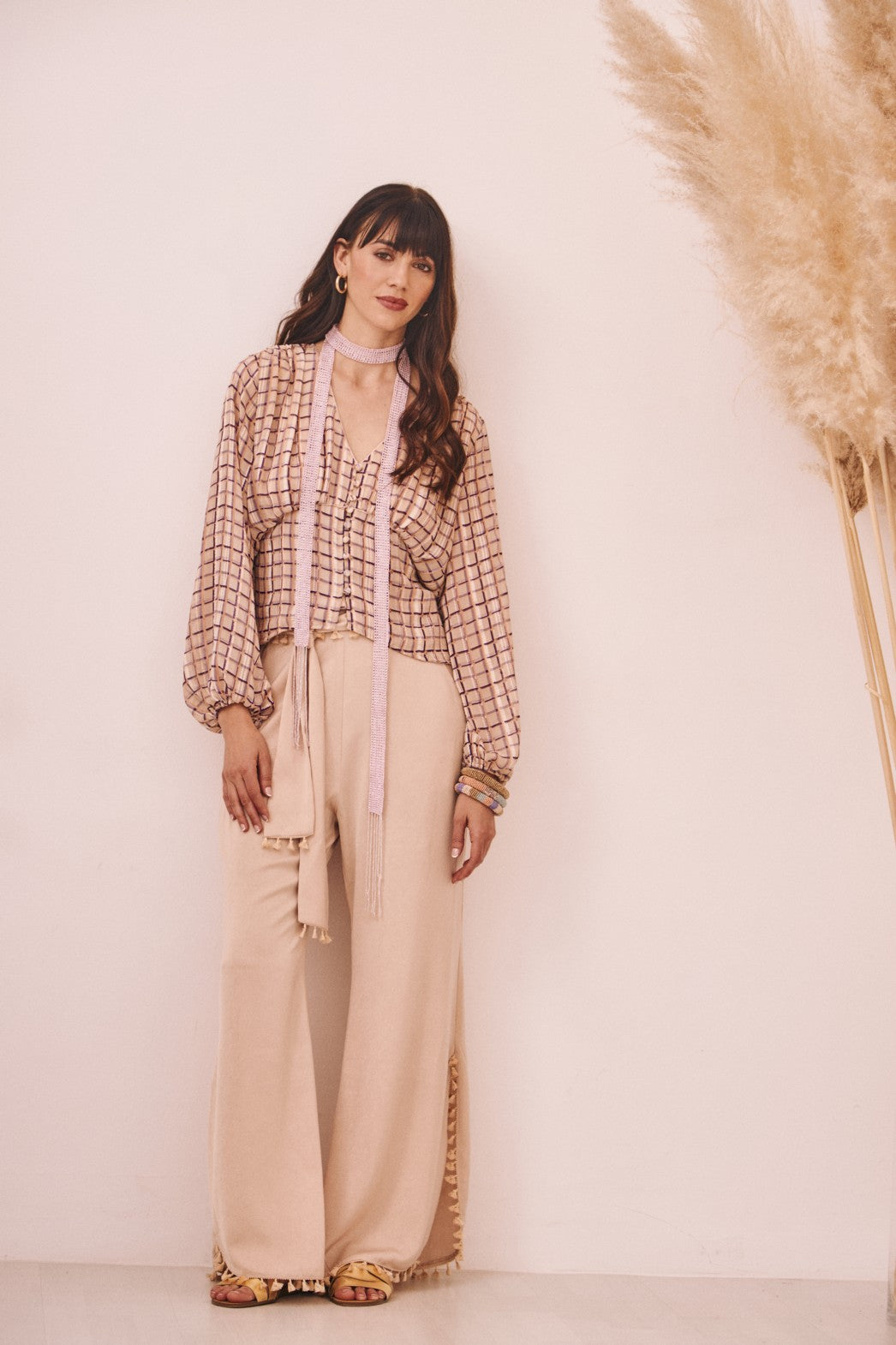 Checkered Print Flowy Blouse