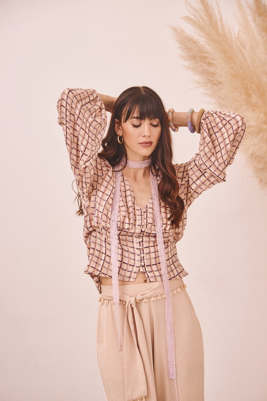 Checkered Print Flowy Blouse