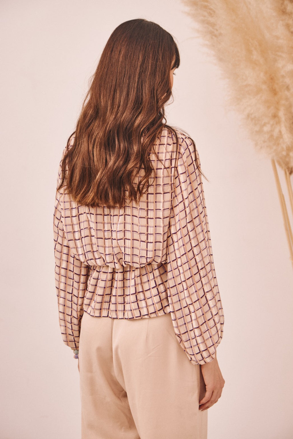 Checkered Print Flowy Blouse