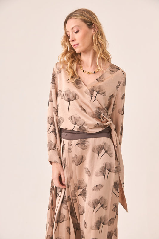 Printed Bow Crossover Blouse
