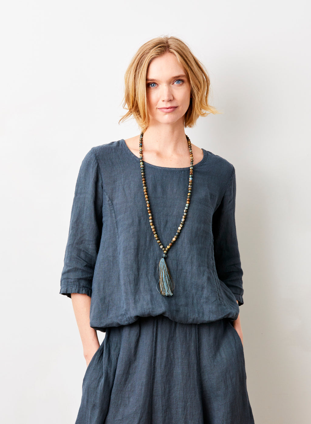 SONITA LINEN BUBBLE HEM LONG SLEEVE TOP