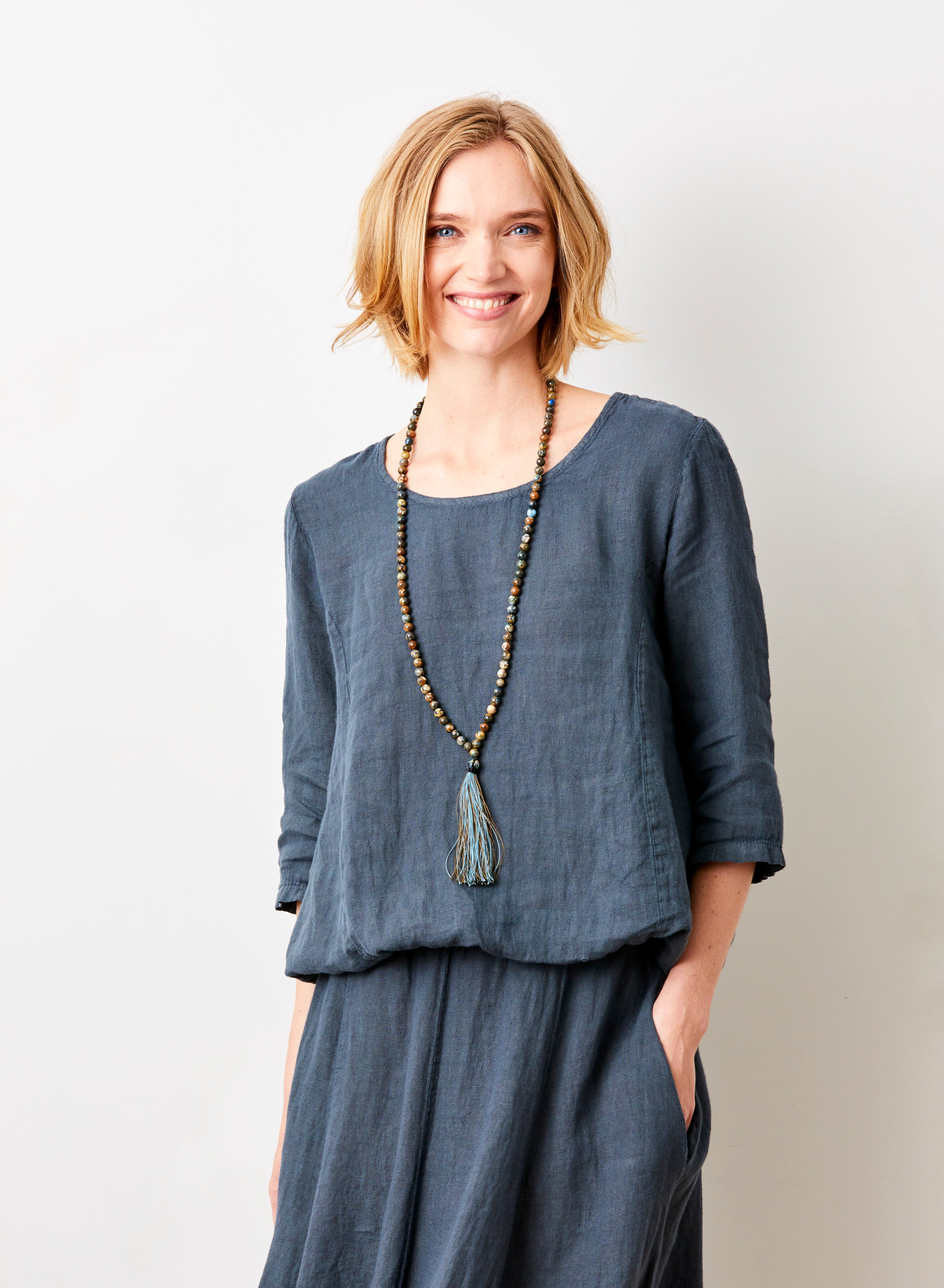 SONITA LINEN BUBBLE HEM LONG SLEEVE TOP