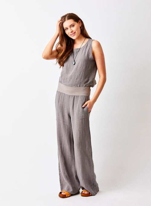 Sultan Wide Leg Linen Pants With Stretch Waistband