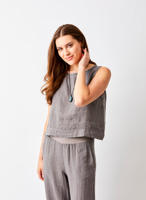 SYLVIANA LINEN ROUND NECK FLARED SLEEVELESS TOP