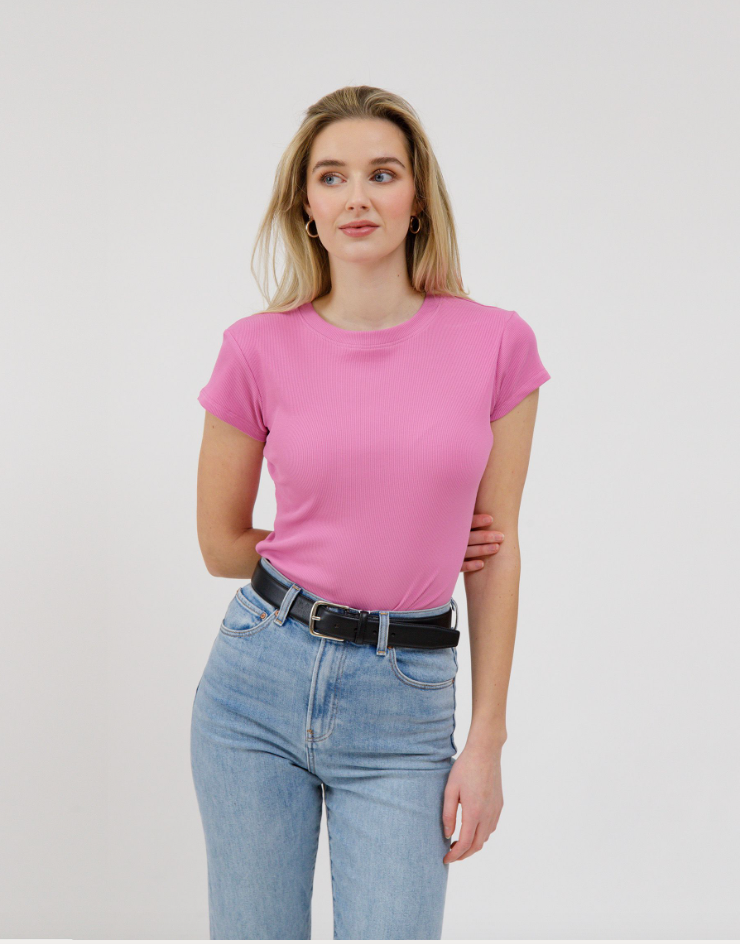 Ribbed Fitted T-Shirt with Cap Sleeves