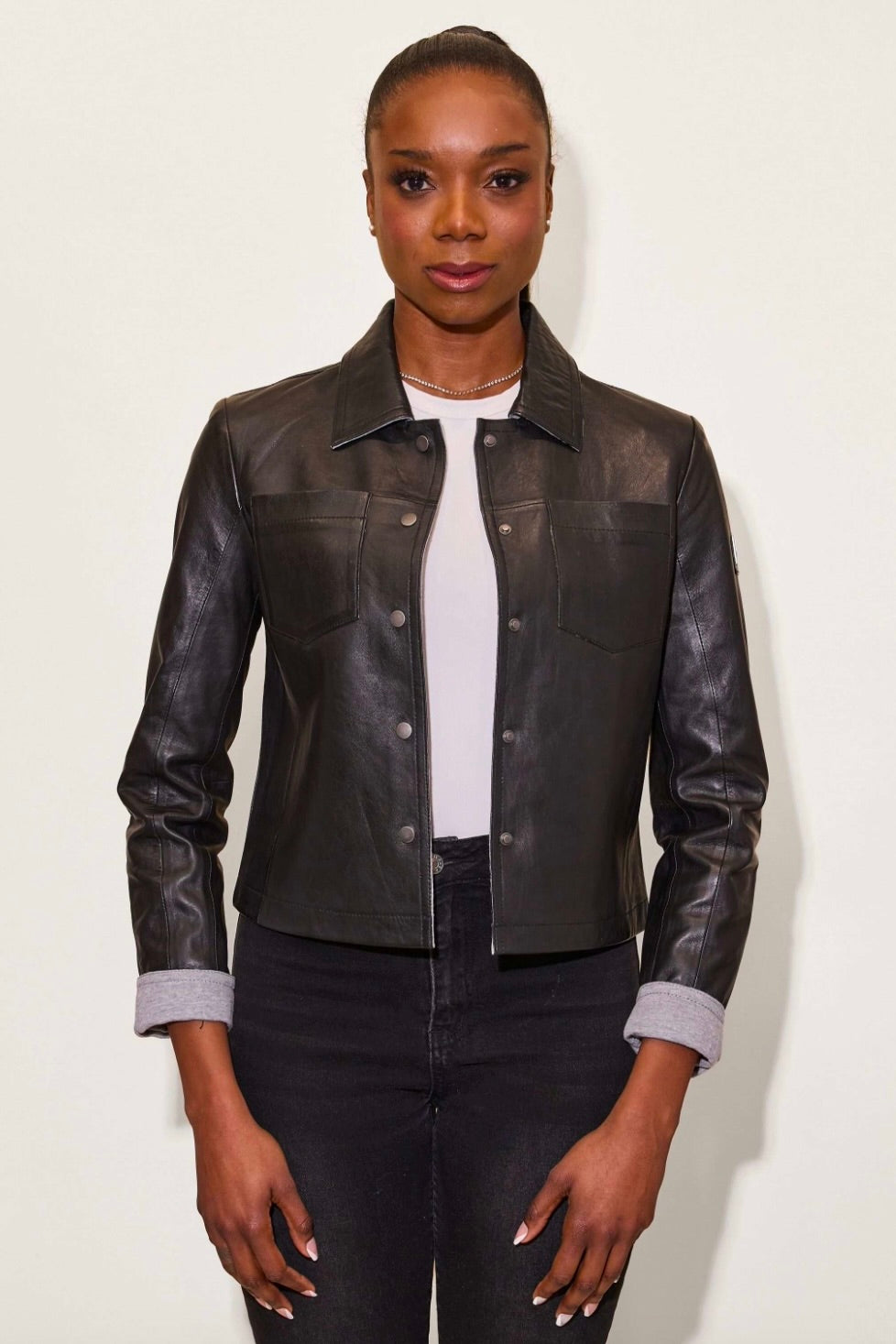 Lefei Cropped Collared Leather Jacket