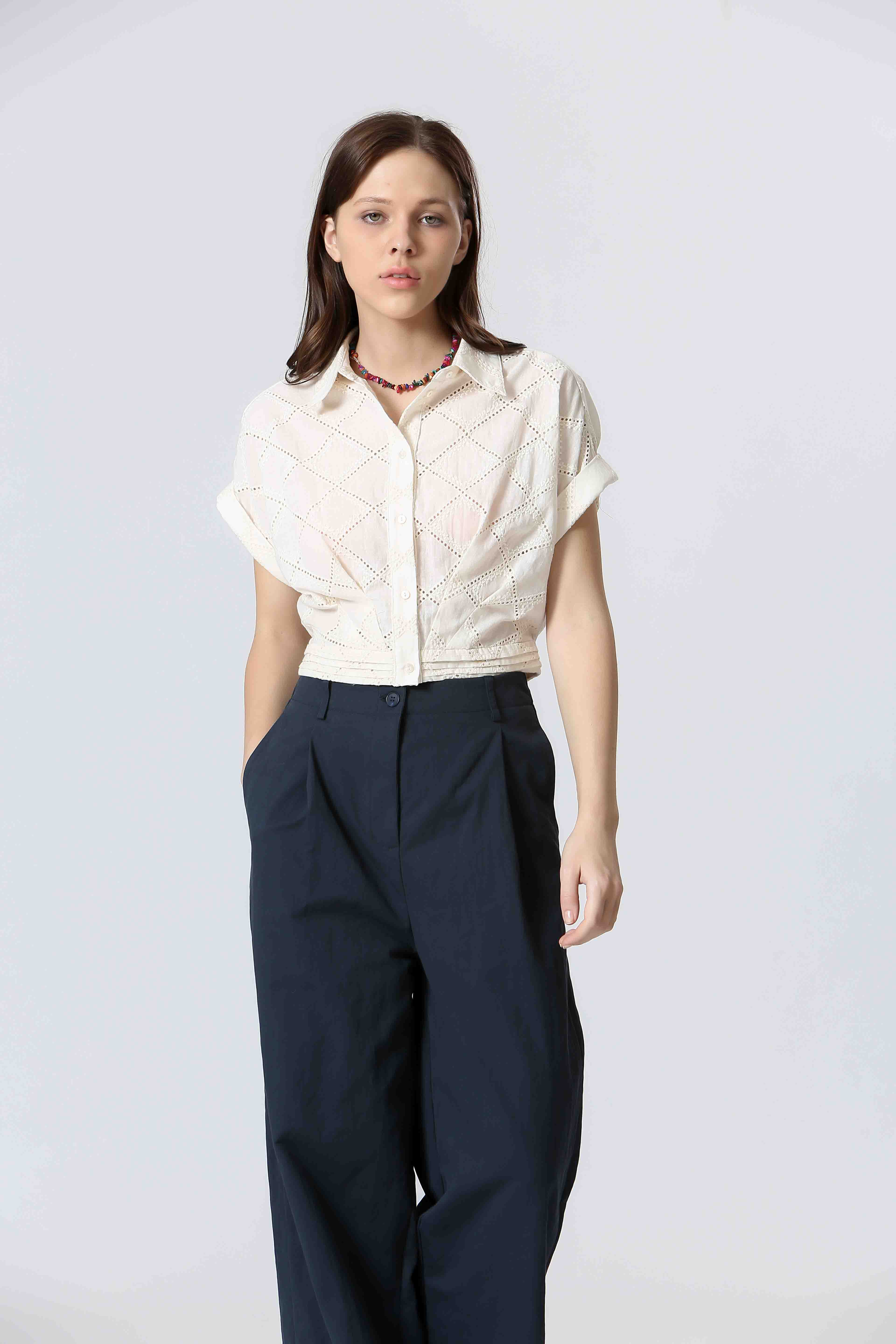 Collared Embroidery Cropped Top