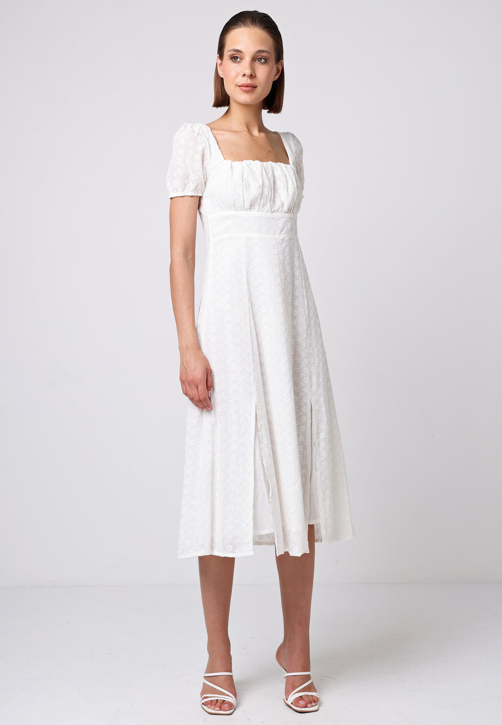 Smocked Embroidered Midi Dress