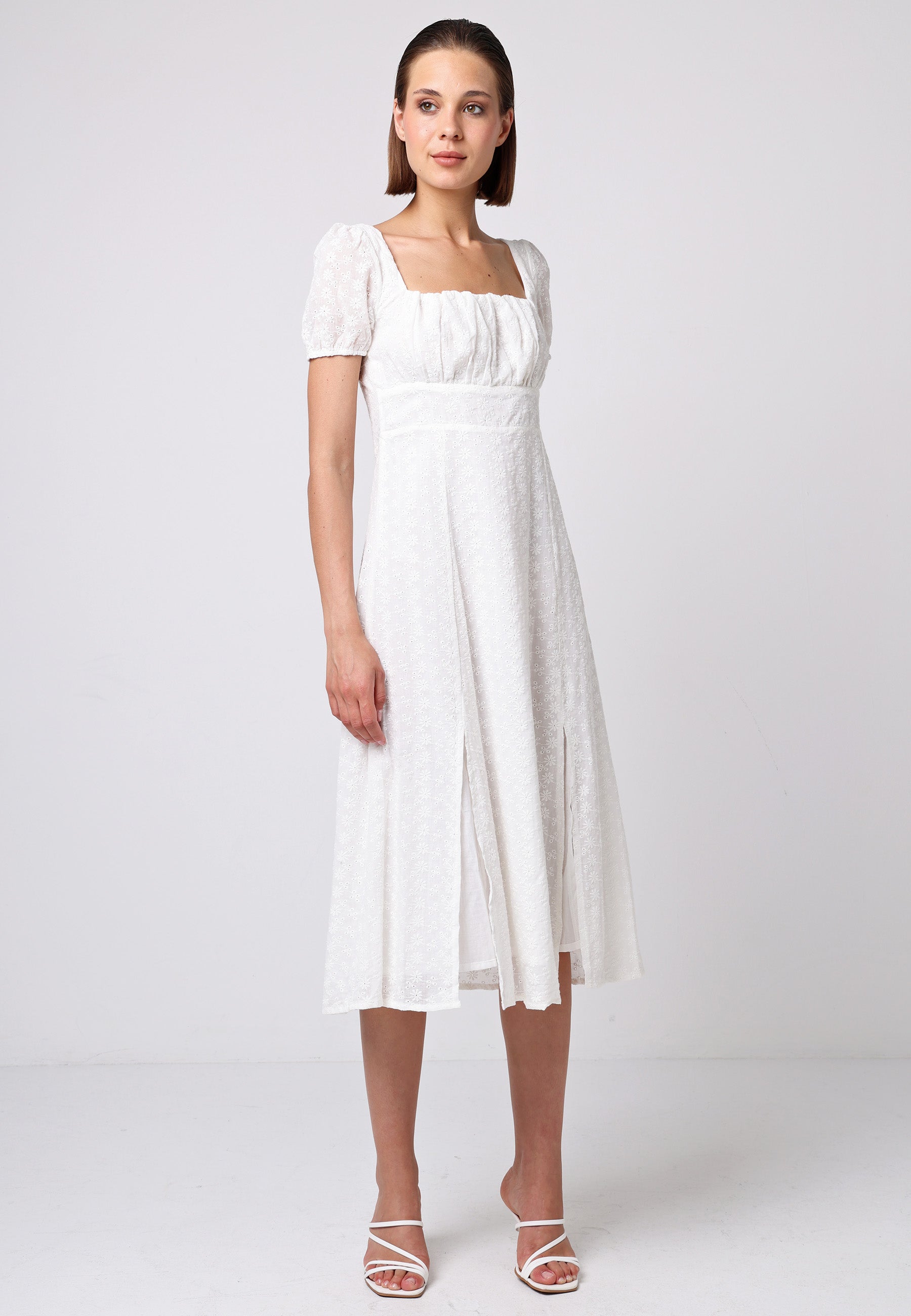 Smocked Embroidered Midi Dress