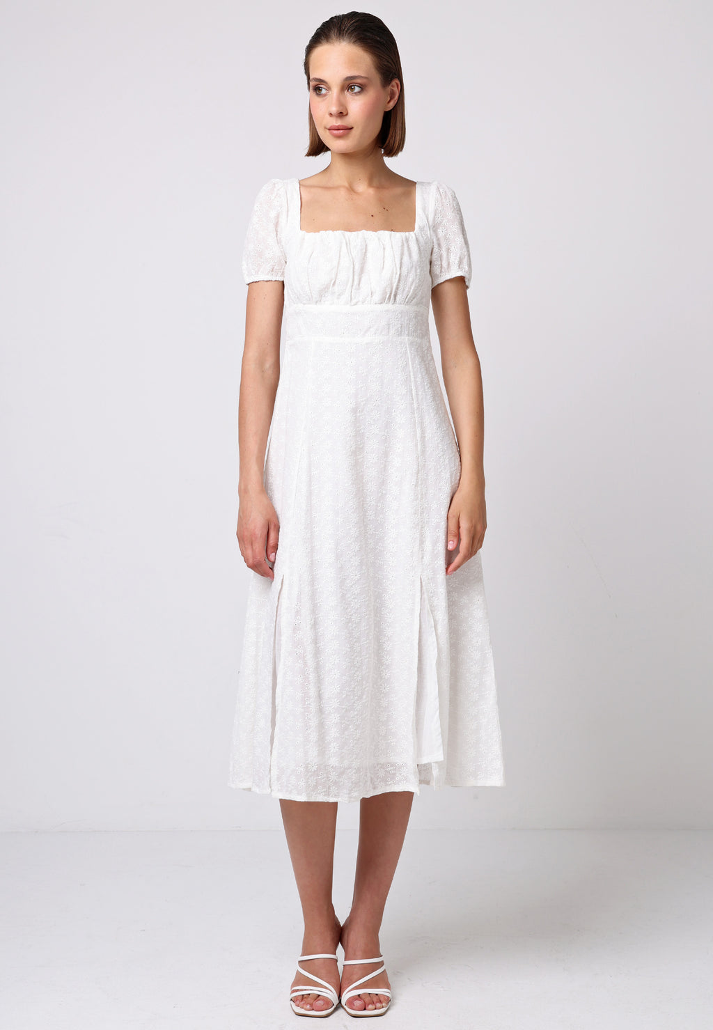 Smocked Embroidered Midi Dress