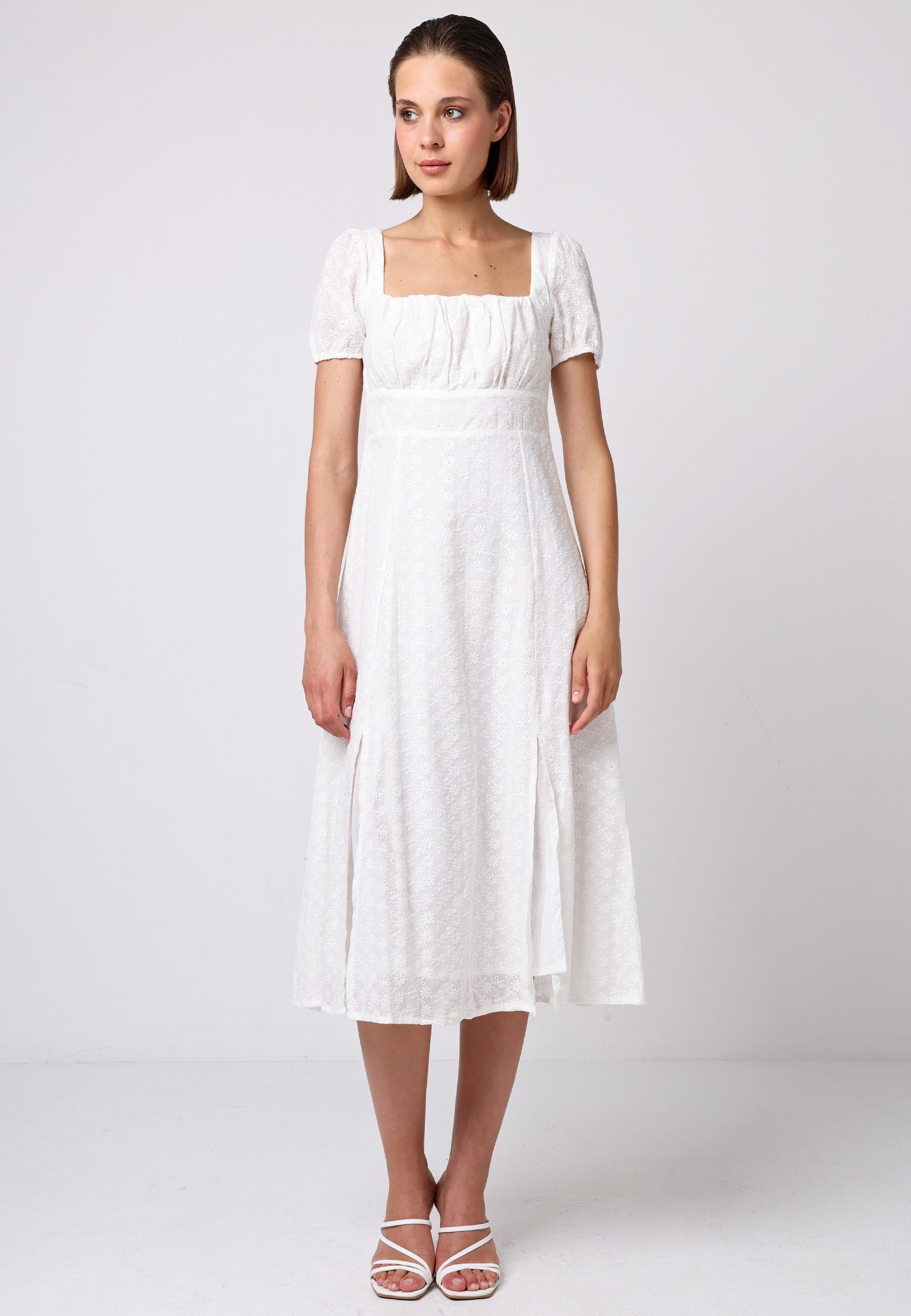 Smocked Embroidered Midi Dress