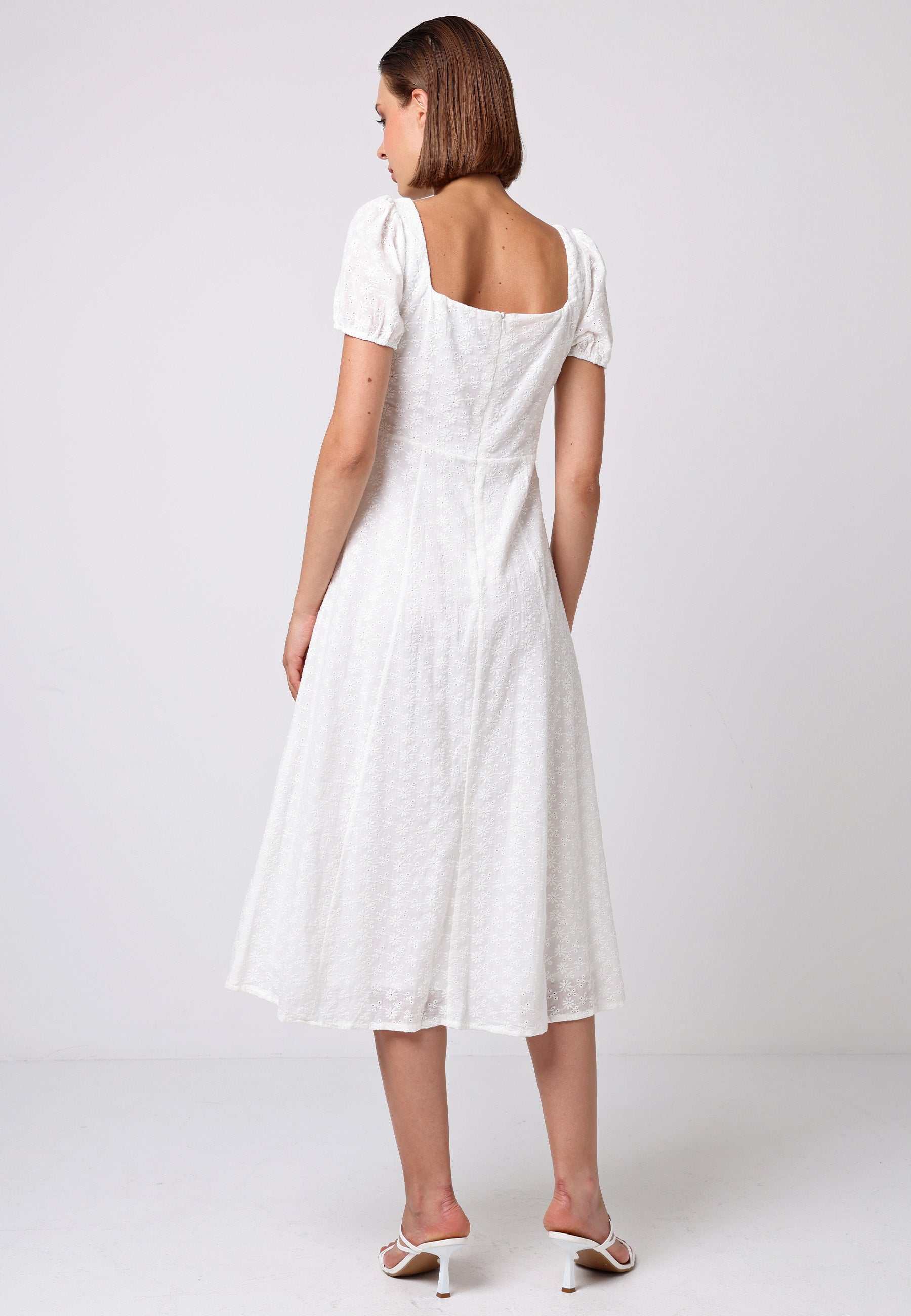 Smocked Embroidered Midi Dress