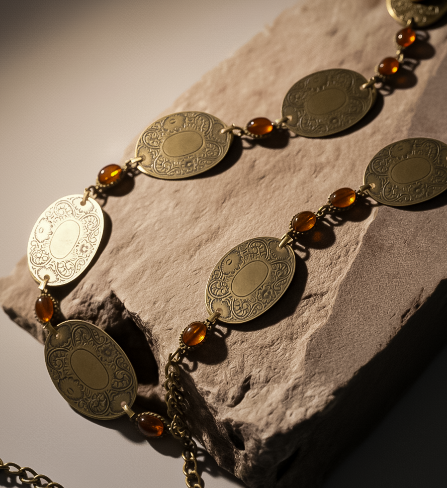 Antique Brass Medallion Belt with Amber Accents