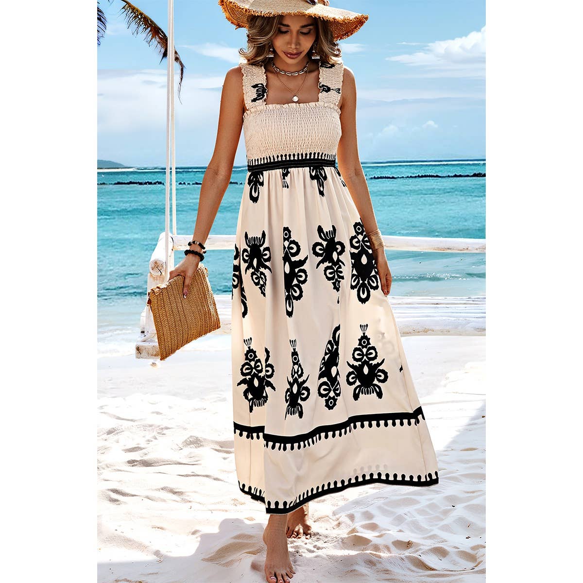 Square Neck Sleeveless High Waist Dress