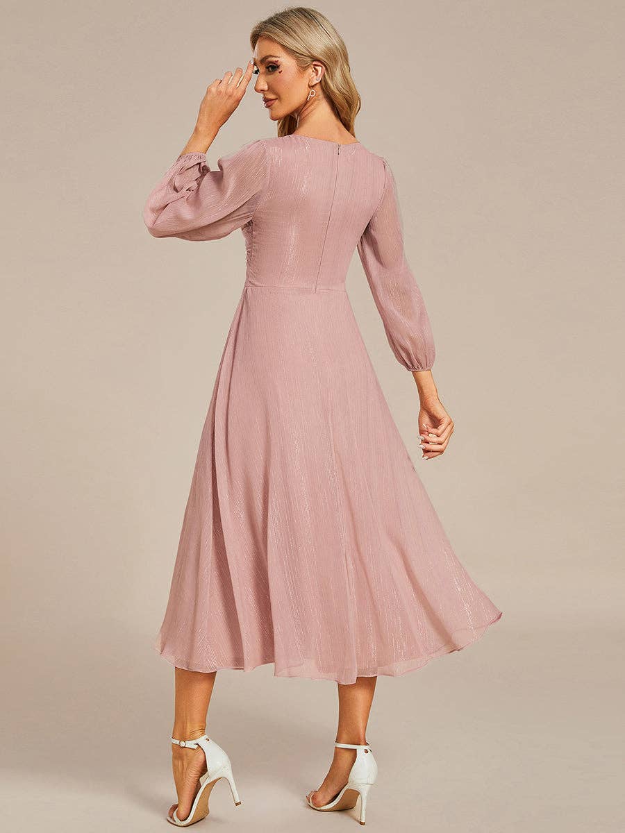 Shiny Chiffon Long Sleeve Midi Dress